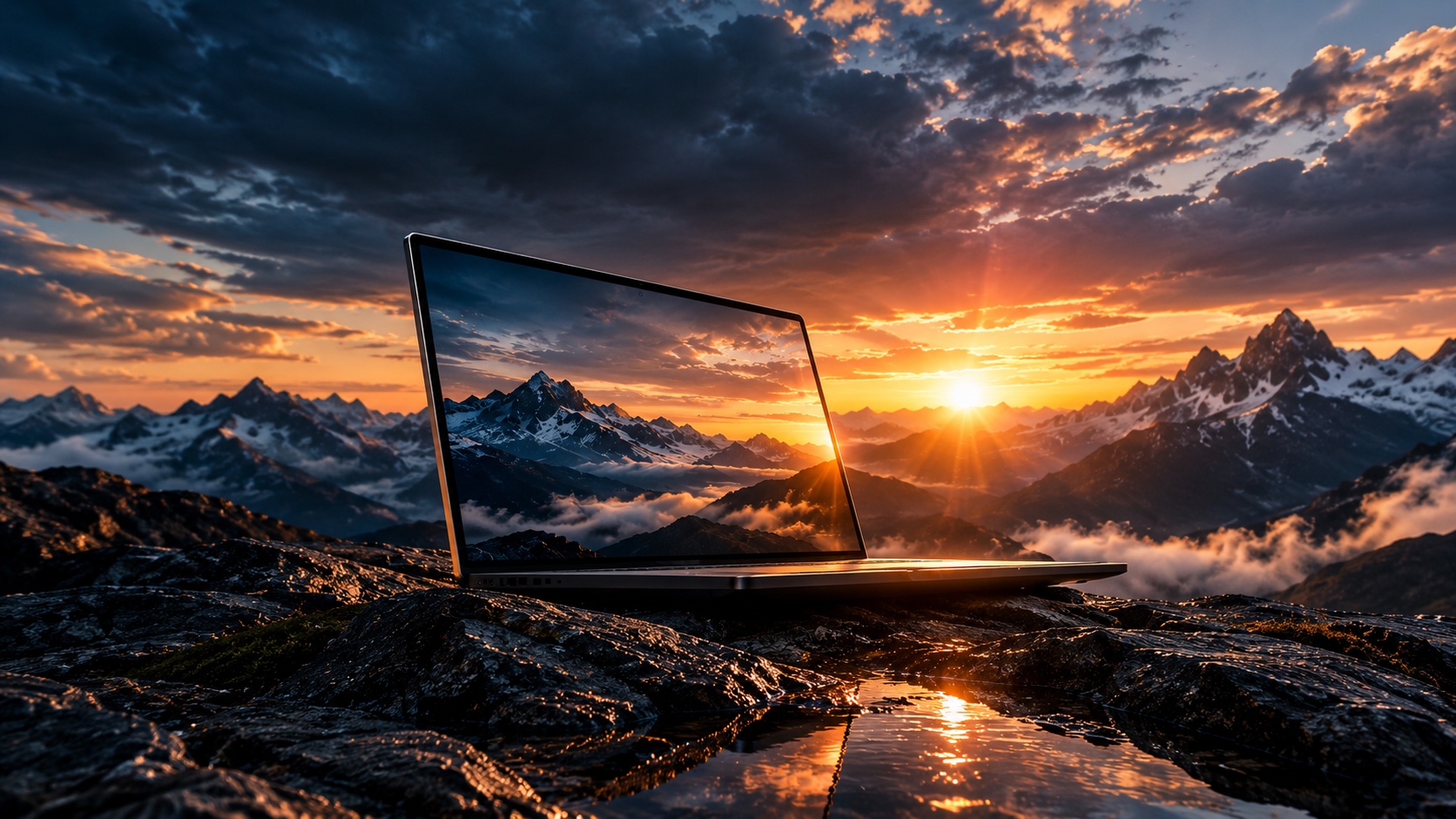 A laptop on a rocky mountain summit at sunrise, its screen mirroring the landscape beyond.